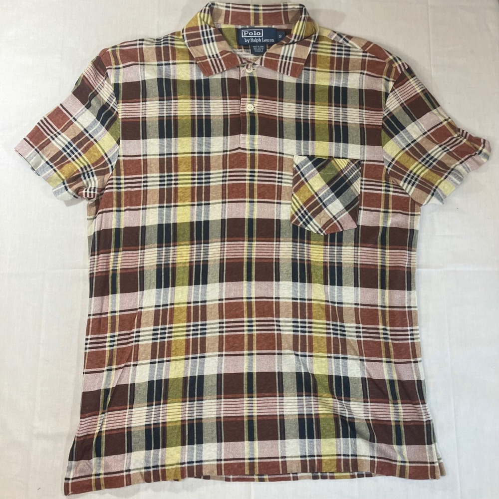 Polo Ralph Lauren Mens Small Plaid Madras Short Sleeve Pocket Polo Shirt Brown